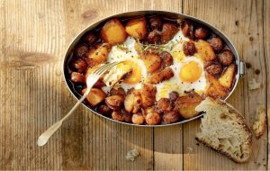 Stewed Potatoes with Onion, Sausage and Eggs