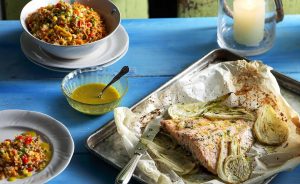 Sheet-pan Salmon with a Lentil Salad