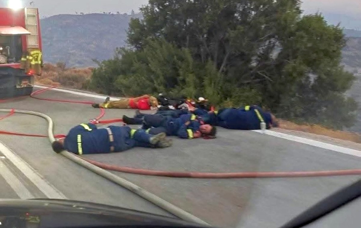 Exhausted Firefighters Rest Amid Chios Wildfire Crisis