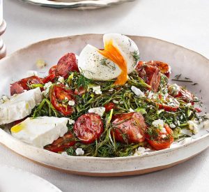 Amaranth Greens with Egg, Feta & Sausage
