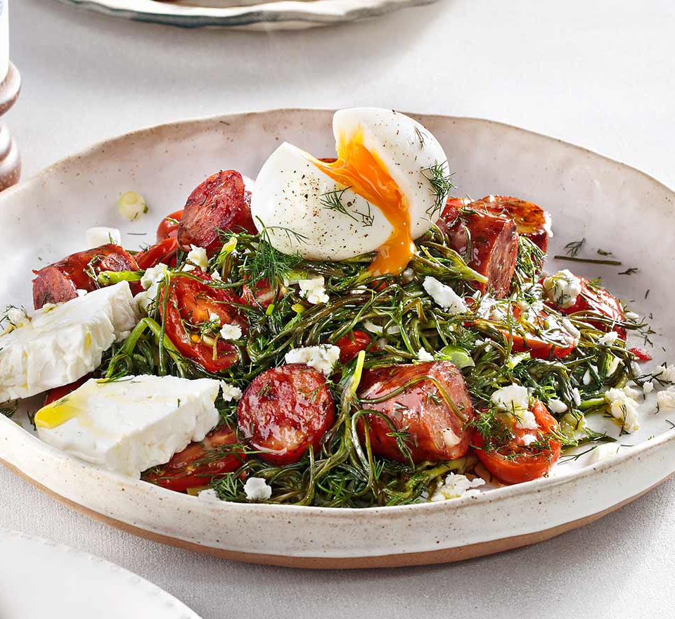 Amaranth Greens with Egg, Feta & Sausage