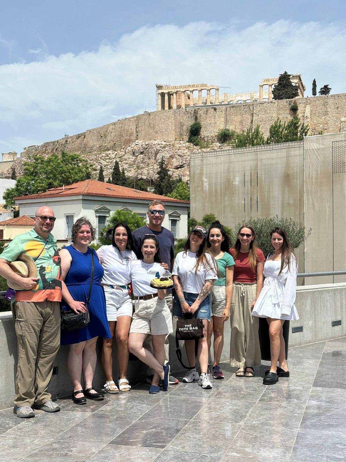 Emily Intzekostas with Greek learners under the Acropolis, Athens