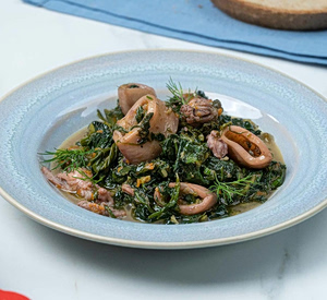 Lemony Squid Fricassée with Spinach and Wild Greens