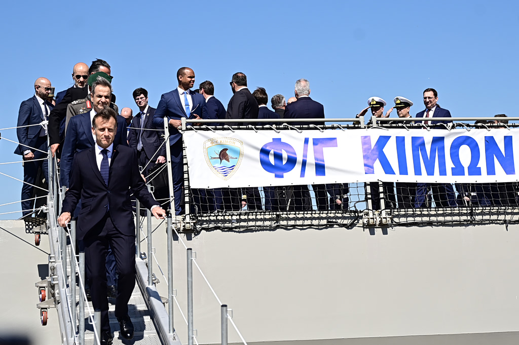 Macron and Mitsotakis Tour 'Kimon' Frigate in Piraeus