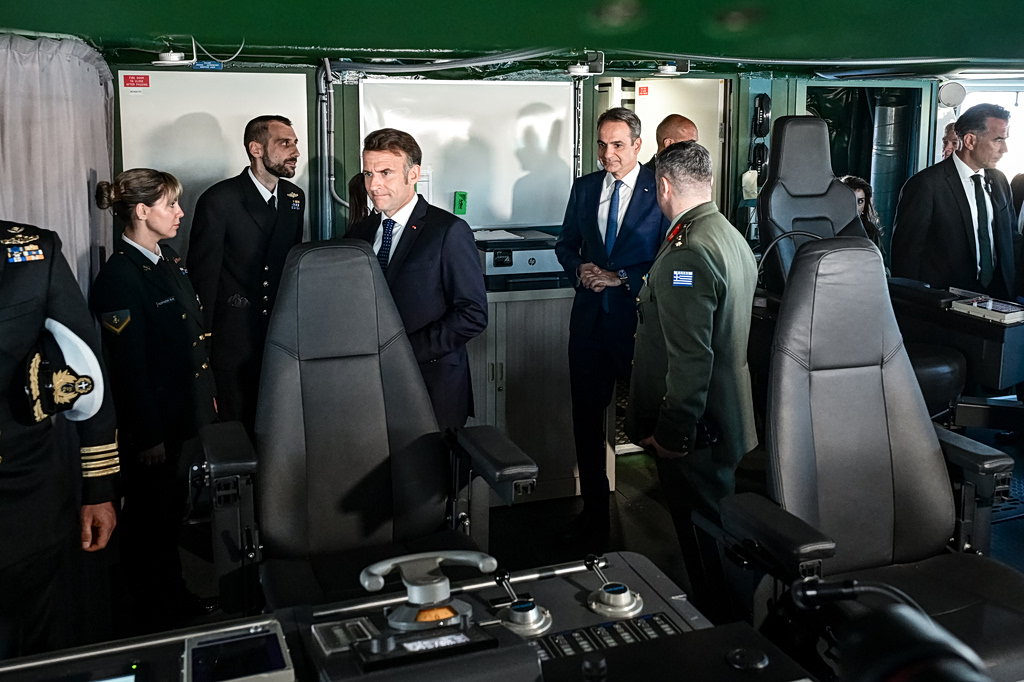 Macron and Mitsotakis Tour 'Kimon' Frigate in Piraeus