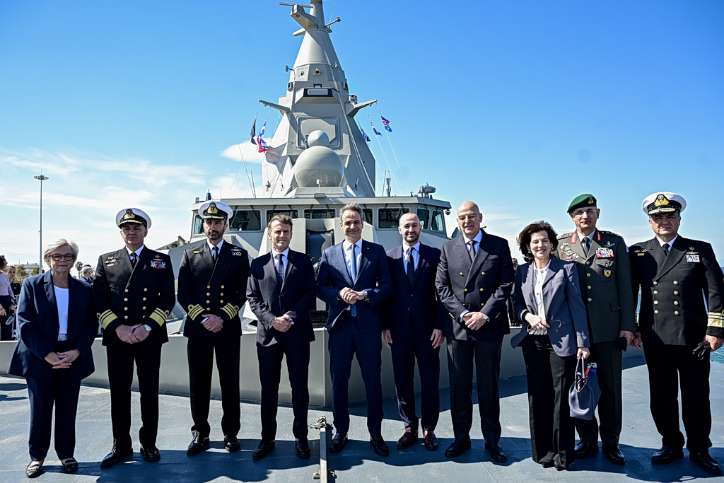 Macron and Mitsotakis Tour 'Kimon' Frigate in Piraeus