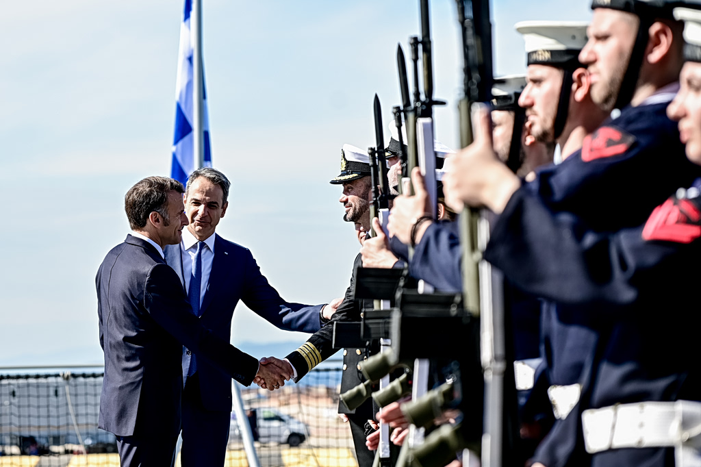 Macron and Mitsotakis Tour 'Kimon' Frigate in Piraeus