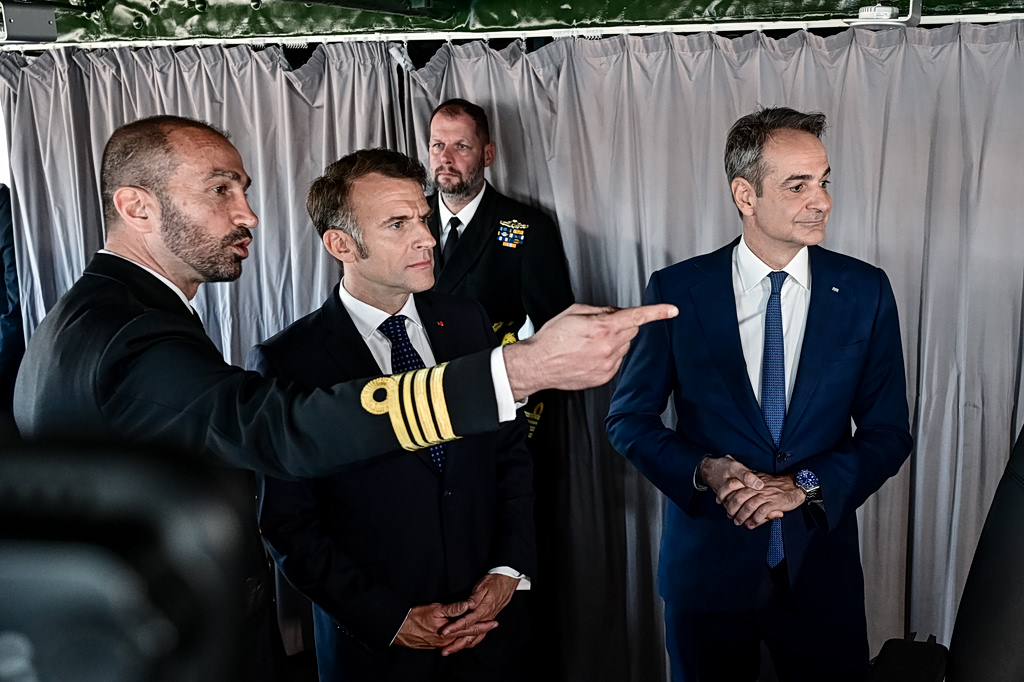 Macron and Mitsotakis Tour 'Kimon' Frigate in Piraeus