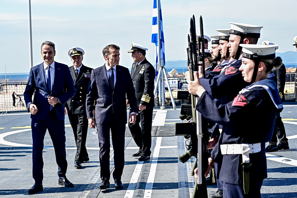 Macron and Mitsotakis Tour 'Kimon' Frigate in Piraeus