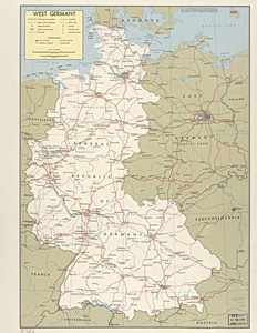 A 1969 map of West Germany, showing the division between the Federal Republic of Germany and the East German Soviet Zone. Library of Congress