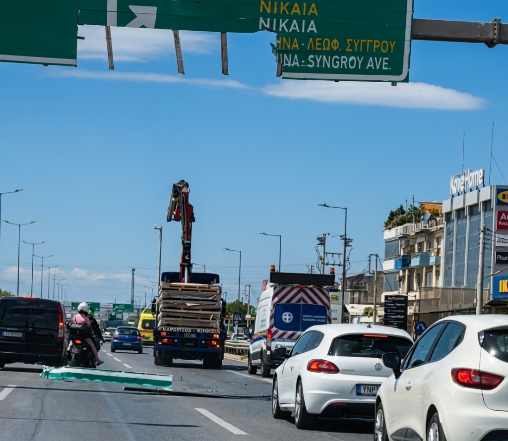 Crane Hits Road Sign on Athens Highway