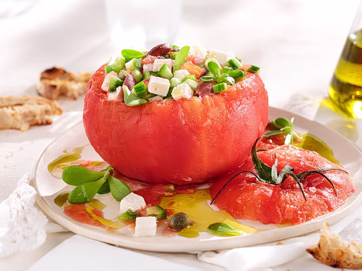 ‘Horiatiki’ Salad Stuffed Inside a Whole Tomato