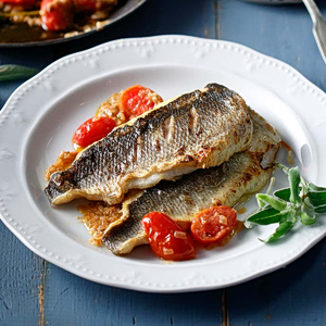 Pan-Seared Sea Bass Fillets with Buttered Cherry Tomatoes