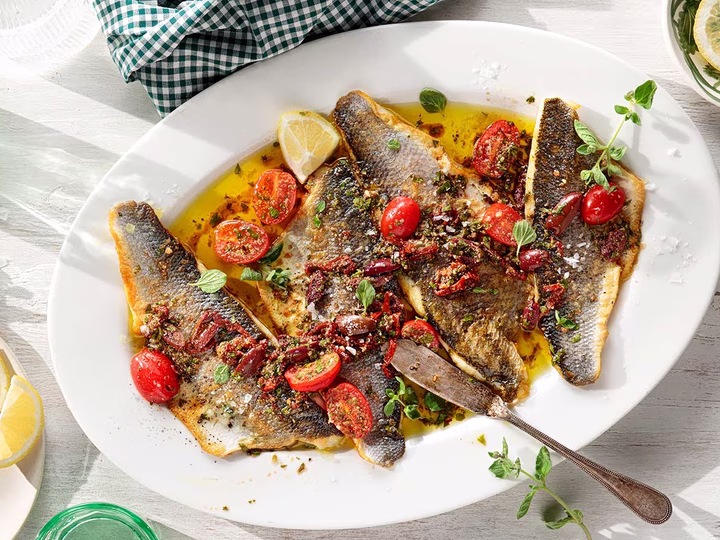 Sautéed Sea Bass with Mediterranean Sauce