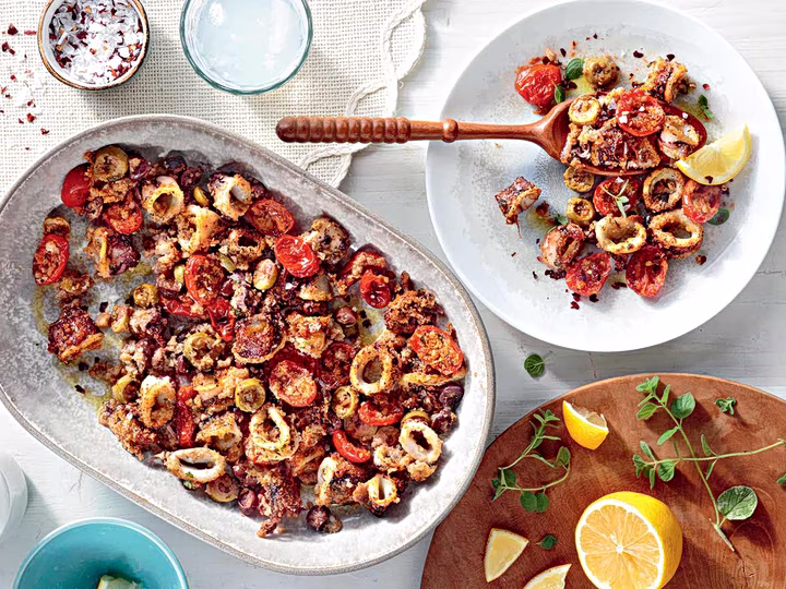 Oven-Baked Breaded Calamari with Cherry Tomatoes and Parmesan